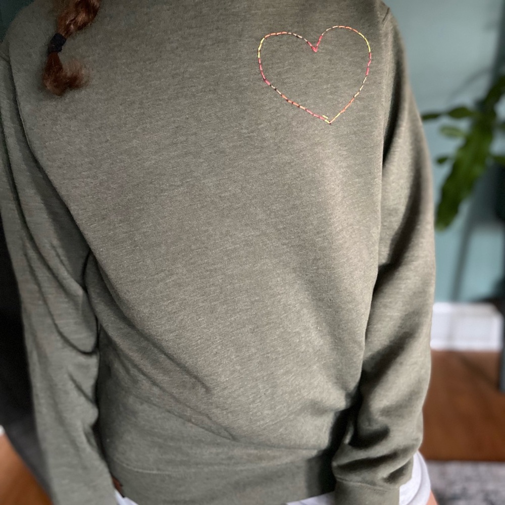 Hand Embroidered rainbow heart crew